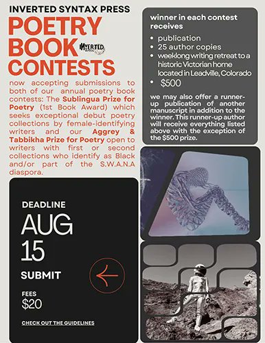 newpages's tweet card. Submit to Inverted Syntax’s poetry contests—open to debut and emerging poets. Winners receive publication, retreat, and $500.