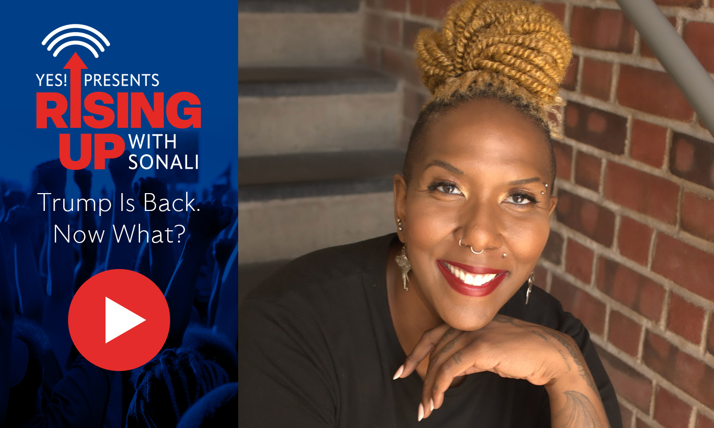 yesmagazine's tweet card. Dr. Jenn Jackson reflects on the collective blow that Trump’s reelection brings to marginalized communities.