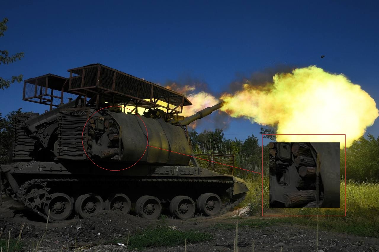 MissionArtist's tweet card. Desperate Russian forces are once again resorting to crude battlefield modifications, shielding their artillery systems with wooden logs in an effort to withstand relentless Ukrainian drone strikes...