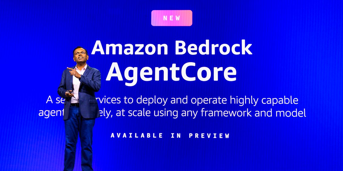amazonnews's tweet card. Amazon Bedrock AgentCore leads the announcements, alongside new listings in AWS Marketplace and a $100 million investment to boost agentic AI development.
