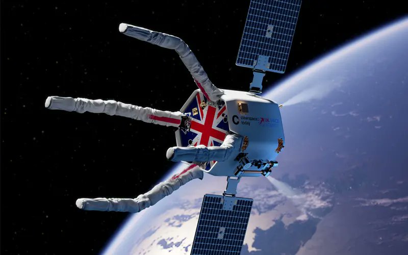 ESpaceflight's tweet card. The UK Space Agency has committed £75.6 million to a mission focused on removing two dead satellites from orbit, with a launch expected by late 2028.