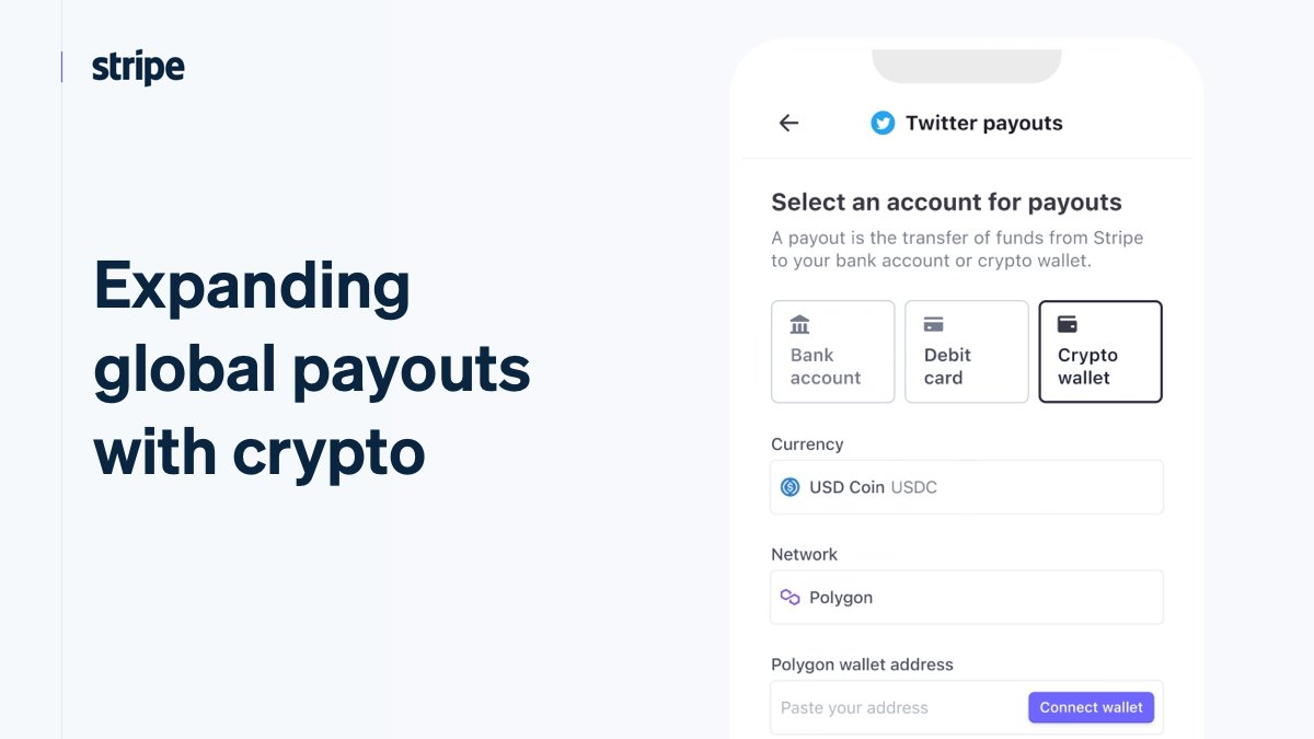 gaybrick's tweet card. Stripe is expanding global payouts with crypto. Businesses can now use Stripe to send cryptocurrency payouts around the world, and Twitter has chosen Stripe to enable their creators to be paid out in...