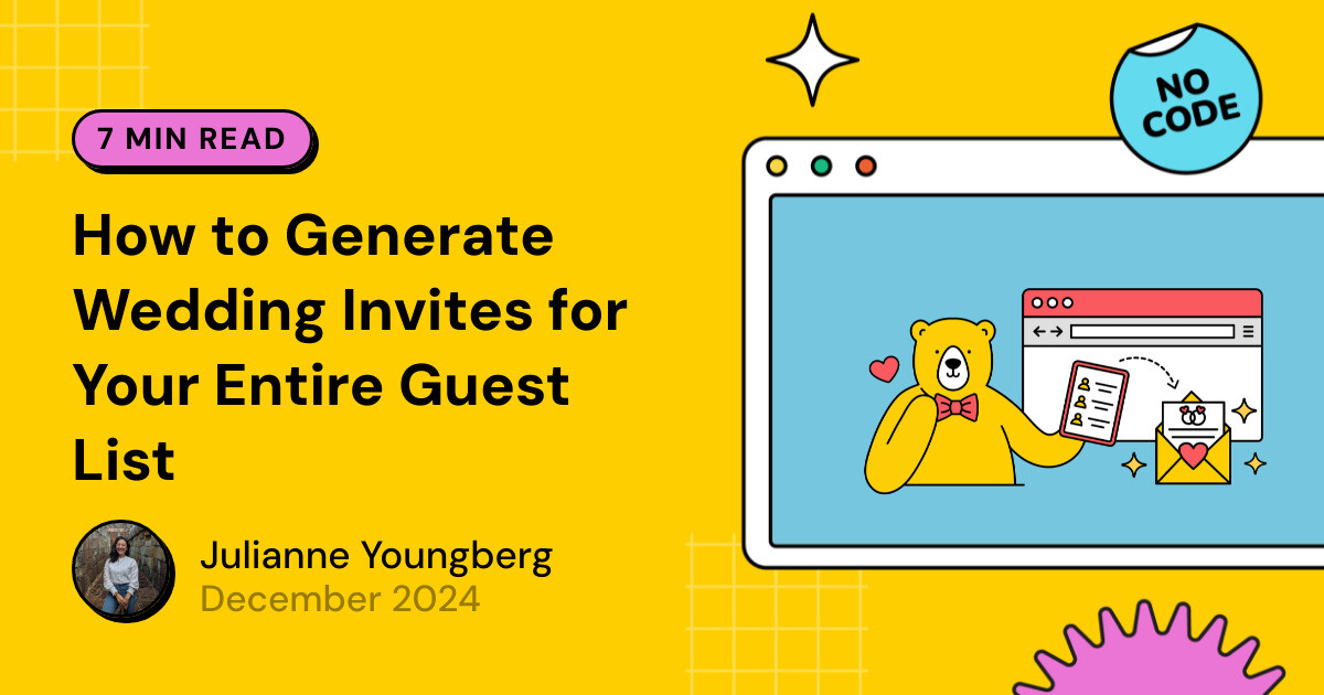 bannerbearHQ's tweet card. Wedding invites set the tone for the event, but they don't need to be created one by one. In this article, you'll learn three easy ways to streamline the process with Bannerbear.