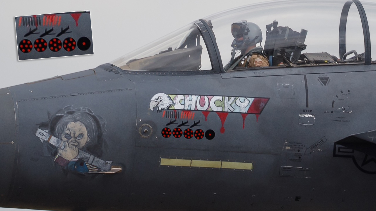 TheAviationist's tweet card. The F-15E Strike Eagles returning to their home base at Mountain Home Air Force Base, Idaho, feature interesting bomb markings (along with nose art