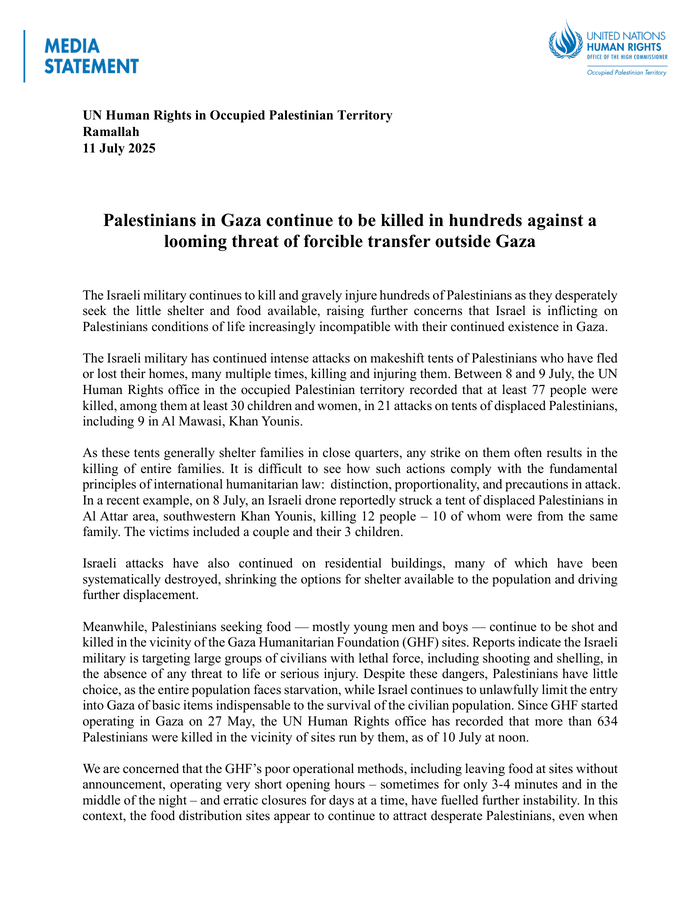 OHCHR_Palestine's tweet card. News and Press Release in English on occupied Palestinian territory about Protection and Human Rights; published on 11 Jul 2025 by OHCHR