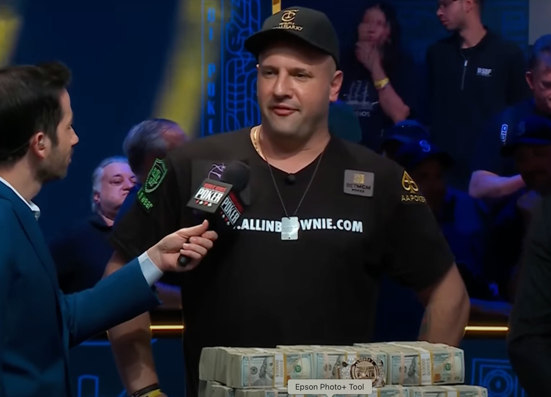 StandWithUs's tweet card. Michael 'The Grinder' Mizrachi wins $10 million and eighth victory bracelet while wearing dog tag necklace to honor hostages held by Hamas and showing off tattoo of Israeli flag