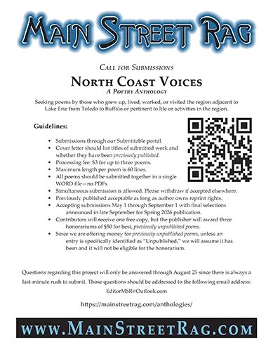 newpages's tweet card. Submit poems to Main Street Rag’s North Coast Voices anthology—focused on the Lake Erie region. Deadline: August 25, 2025.