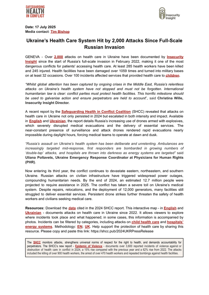 razomforukraine's tweet card. Analysis in English on Ukraine about Health, Protection and Human Rights and more; published on 17 Jul 2025 by Insecurity Insight and Safeguarding Health in Conflict
