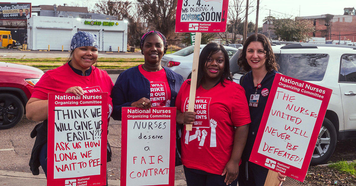 NationalNurses's tweet card. Nurses at University Medical Center New Orleans in New Orleans, La., are moving forward with their strike to protest LCMC Health’s retaliation against nurses for their union activity and patient...