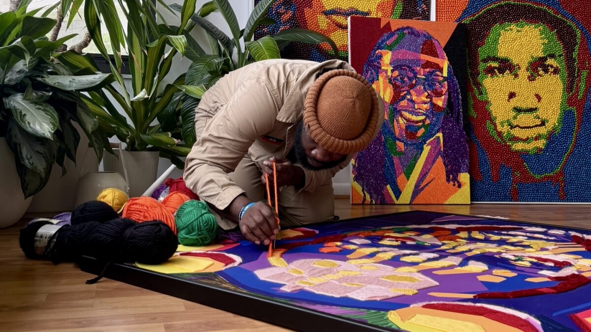 WLRN's tweet card. Harold Caudio, known for Skittles portraits of stars like Bob Marley and Janet Jackson, now turns to a hand-sewn yarn project honoring women's strength as he makes his debut at the Cornell Art Museum.