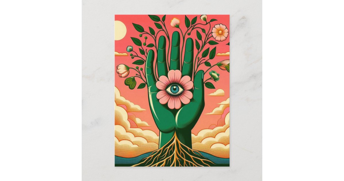 angelandspot's tweet card. AI generated art of a gardener's green hand in a surreal style with a third eye in the palm and a pink sky