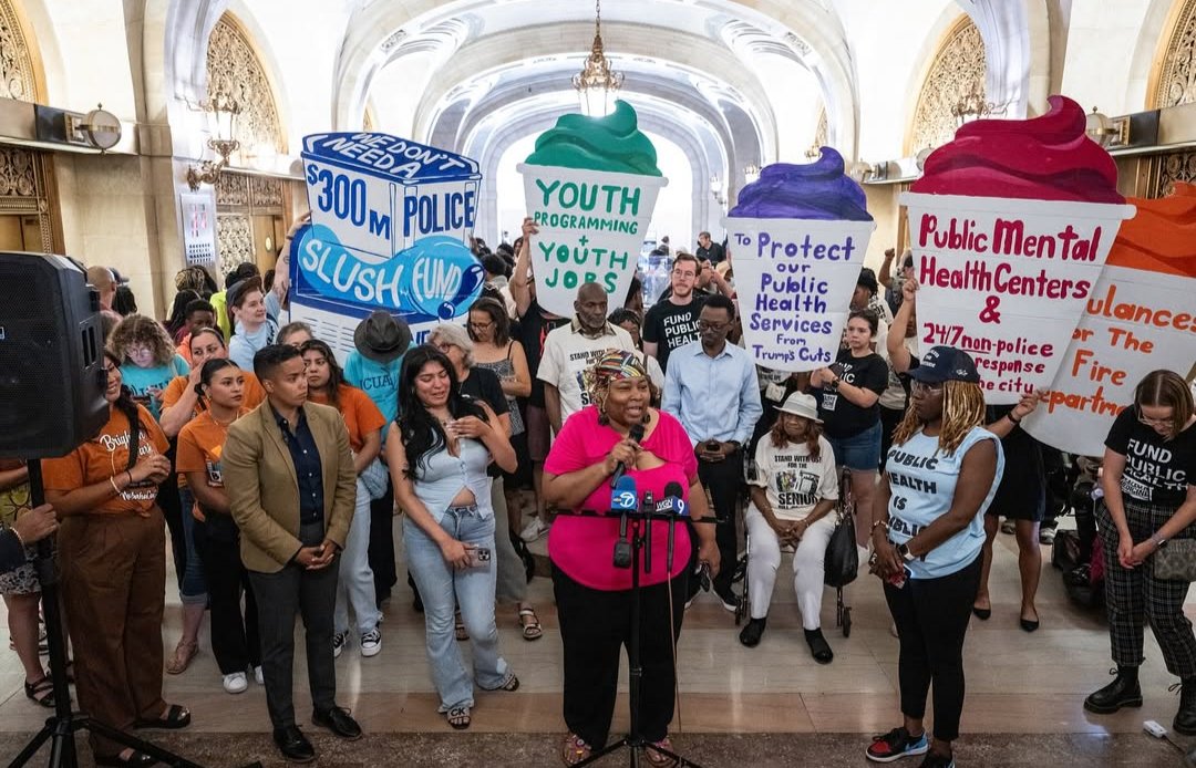 fightbacknews's tweet card. Chicago, IL - On Wednesday morning, July 16, hundreds of people packed the Chicago city hall lobby ahead of the city council meeting. M...