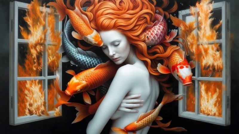 JarkkoPatana's tweet card. Amid rising flames, a calm woman stands with closed eyes, untouched by fire. Fish—symbols of life’s flow and passing time—gently circle her. She does...