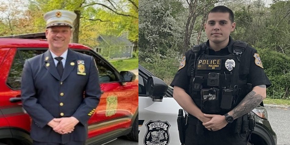 NJSPBA's tweet card. Clinton Township Police Officer Michael Malanga and Town of Clinton Fire Chief Jeff Hedden rescued a woman from an apartment fire on Oct. 5, 2024.
