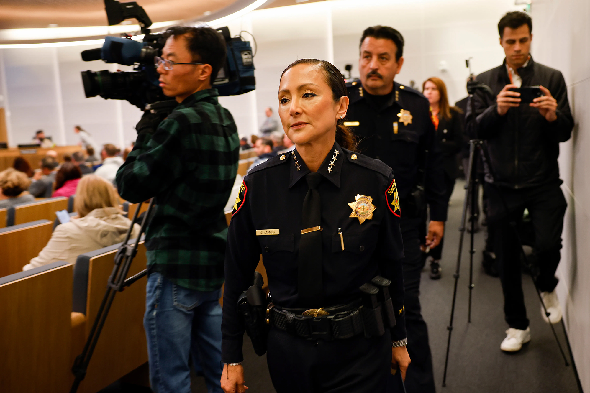 CalMatters's tweet card. Embattled San Mateo County Sheriff Christina Corpus wants to keep in private deliberations about whether she should be removed from office.