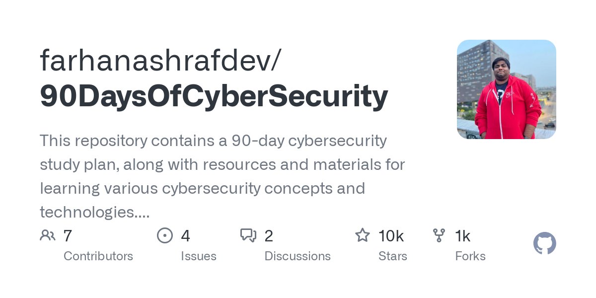 GitHubGPT's tweet card. This repository contains a 90-day cybersecurity study plan, along with resources and materials for learning various cybersecurity concepts and technologies. The plan is organized into daily tasks, ...