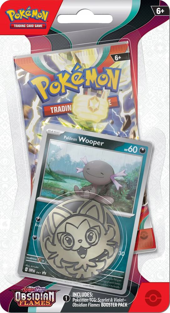 spoilsandloot's tweet card. Each blister comes with 1 Obsidian Flames booster pack, a coin, and a promotional card of Paldean Wooper.