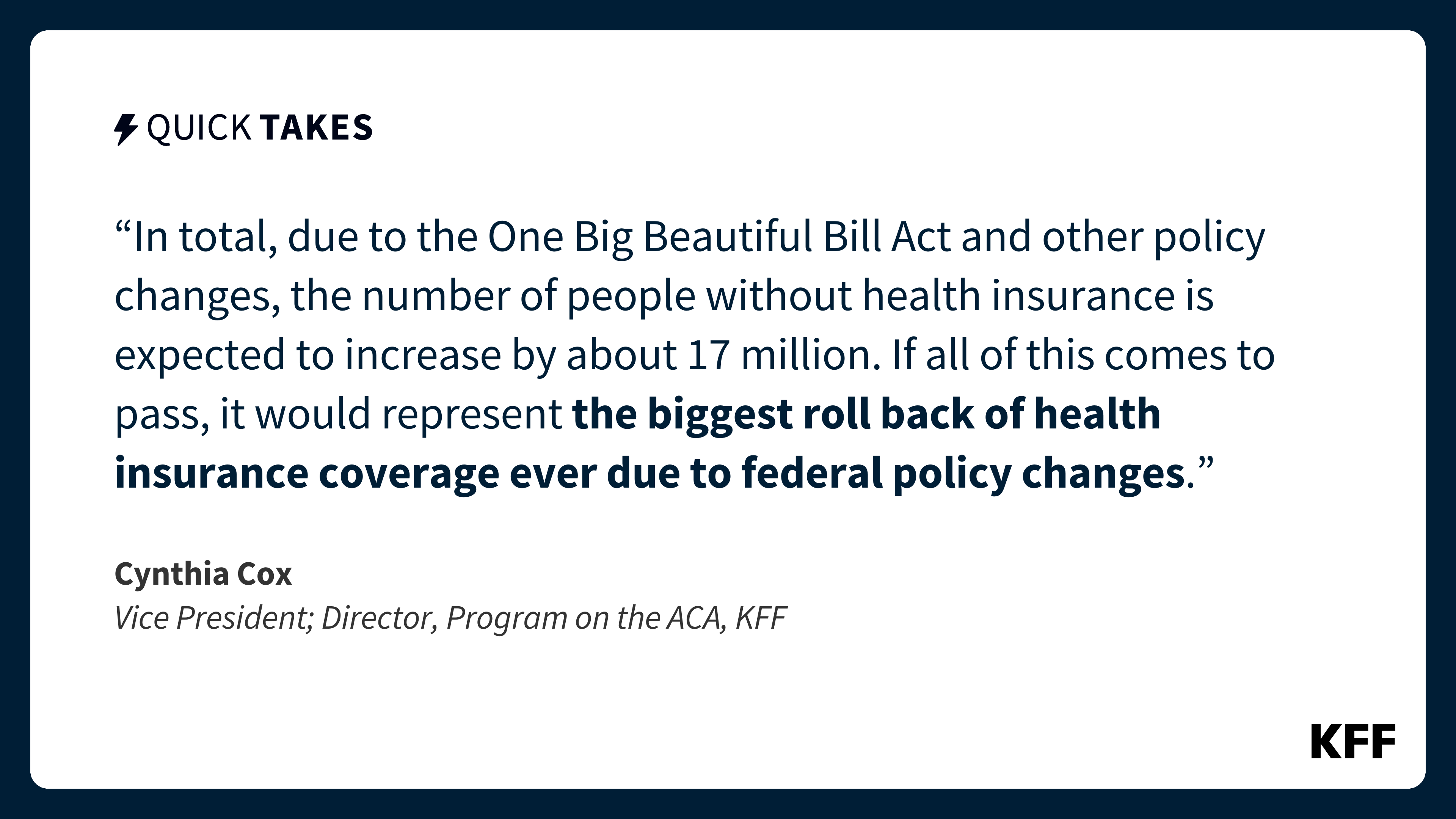 cynthiaccox's tweet card. In total, due to the One Big Beautiful Bill Act and other policy changes, the number of people without health insurance is expected to increase by about 17 million. If all of this comes to pass, it...