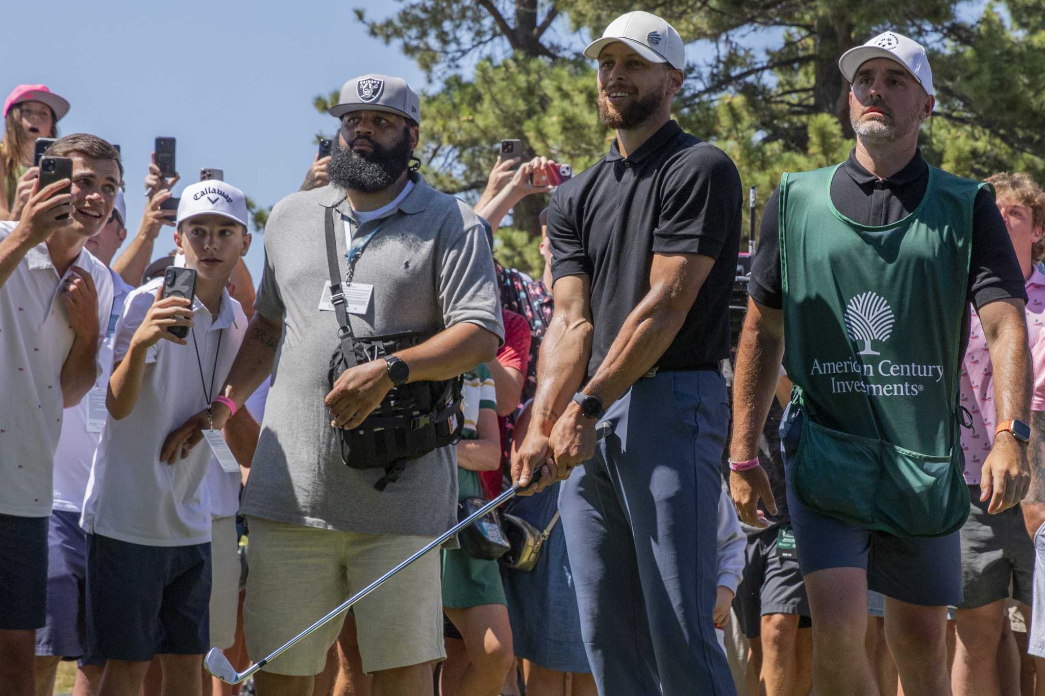 ronkroichick's tweet card. Golden State Warriors guard Stephen Curry climbed into early contention in the American Century Championship on Friday, leaning on caddie Jason Richards and golf coach Alex Riggs.