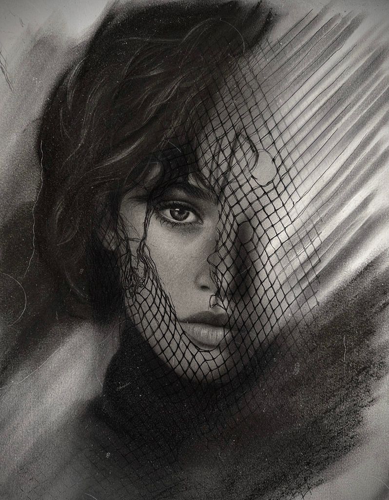 JarkkoPatana's tweet card. A portrait of a woman whose face is interwoven with a delicate mesh. The soft, poetic interplay of shadows and texture draws the viewer into her deep, expr...