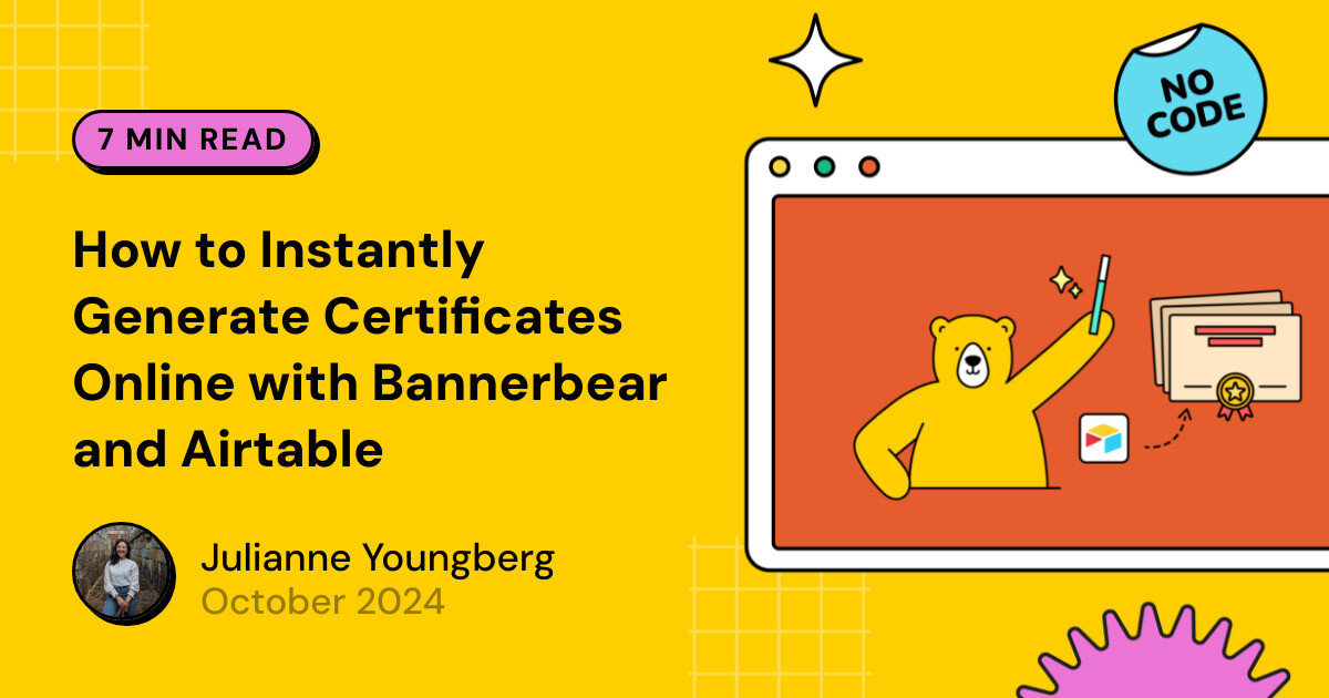 bannerbearHQ's tweet card. One way to generate a large batch of certificates on-demand is with a direct Airtable integration. Here's how to connect your base to Bannerbear and generate dozens of graphics in seconds!