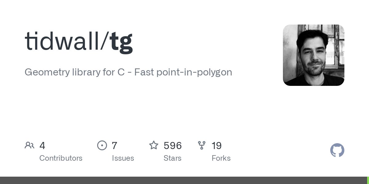 tidwall's tweet card. Geometry library for C - Fast point-in-polygon. Contribute to tidwall/tg development by creating an account on GitHub.