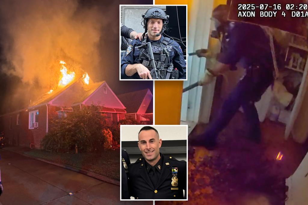 sbanypd's tweet card. Two heroic NYPD officers spotted a fire in a NYC building Wednesday morning and quickly leapt into action, busting down doors and dousing flames while searching for victims - with one telling The...