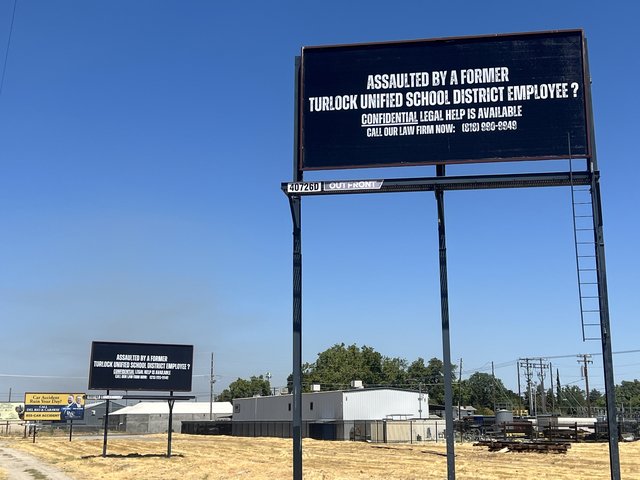 turlockjournal's tweet card. Two billboards situated along South Golden State Boulevard are raising questions about potential litigation against the Turlock Unified School District.