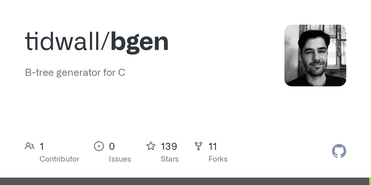 tidwall's tweet card. B-tree generator for C. Contribute to tidwall/bgen development by creating an account on GitHub.
