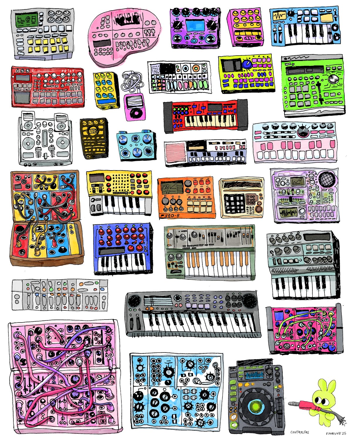 emilefortunee's tweet card. synths etc print 10 8.5x11” print of the controllers, equipment, synthesizers etc drawing!  printed on heavy cardstock satin finish. * preorder! ships in...