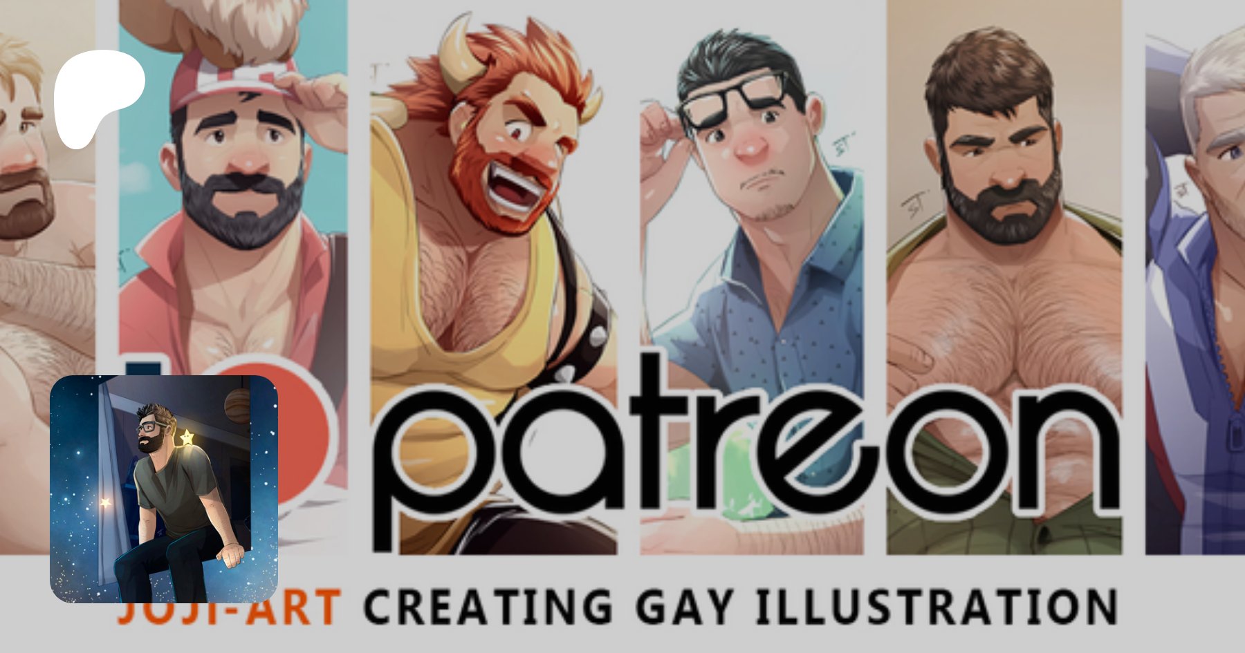 JoJiArt's tweet card. creating bara, gay story, illustration
