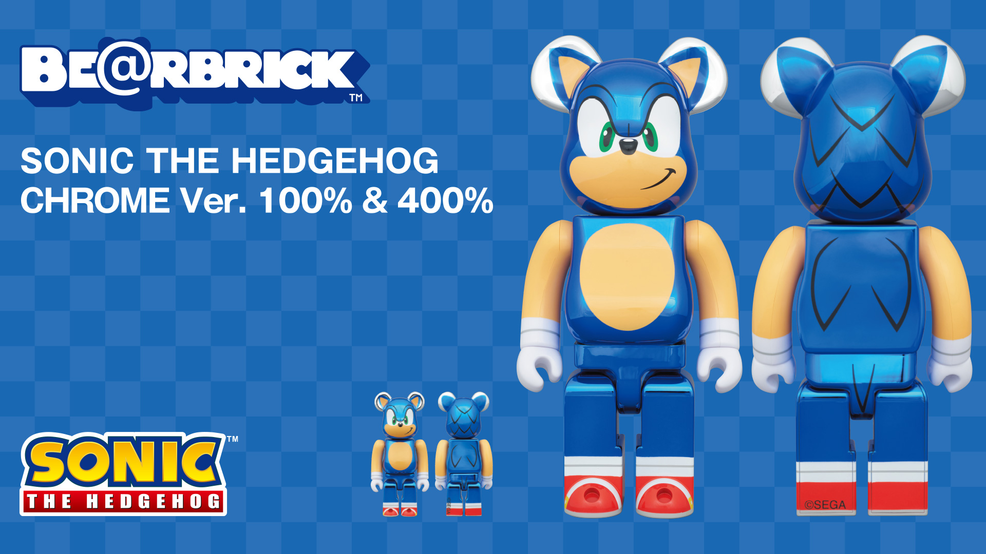 SonicOfficialJP's tweet card. 「SEGA STORE TOKYO」のオープンを記念し、メディコム・トイがおくるフィギュア「BE@RBRICK」より、「BE@RBRICK SONIC THE HEDGEHOG CHROME Ver. 100% & 400%」が登場！ ※セ...