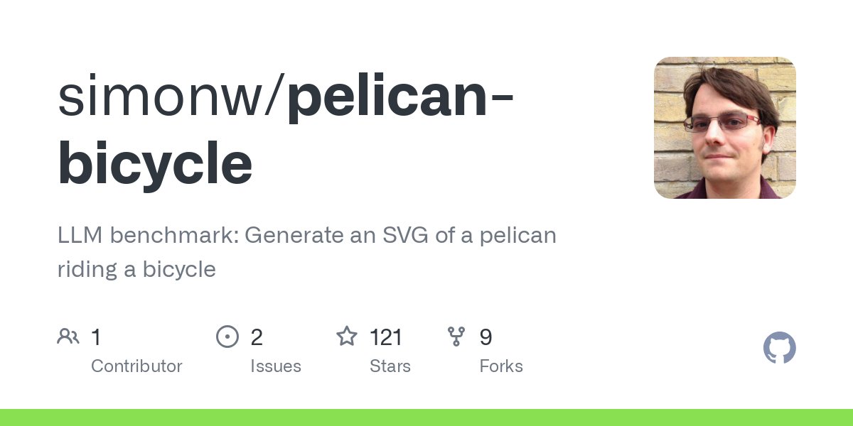 _ediri's tweet card. LLM benchmark: Generate an SVG of a pelican riding a bicycle - simonw/pelican-bicycle
