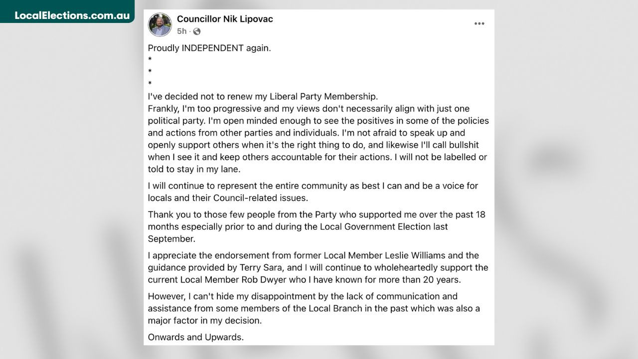 LocalElectionAU's tweet card. Lipovac ran under his own ticket without party endorsement last year.