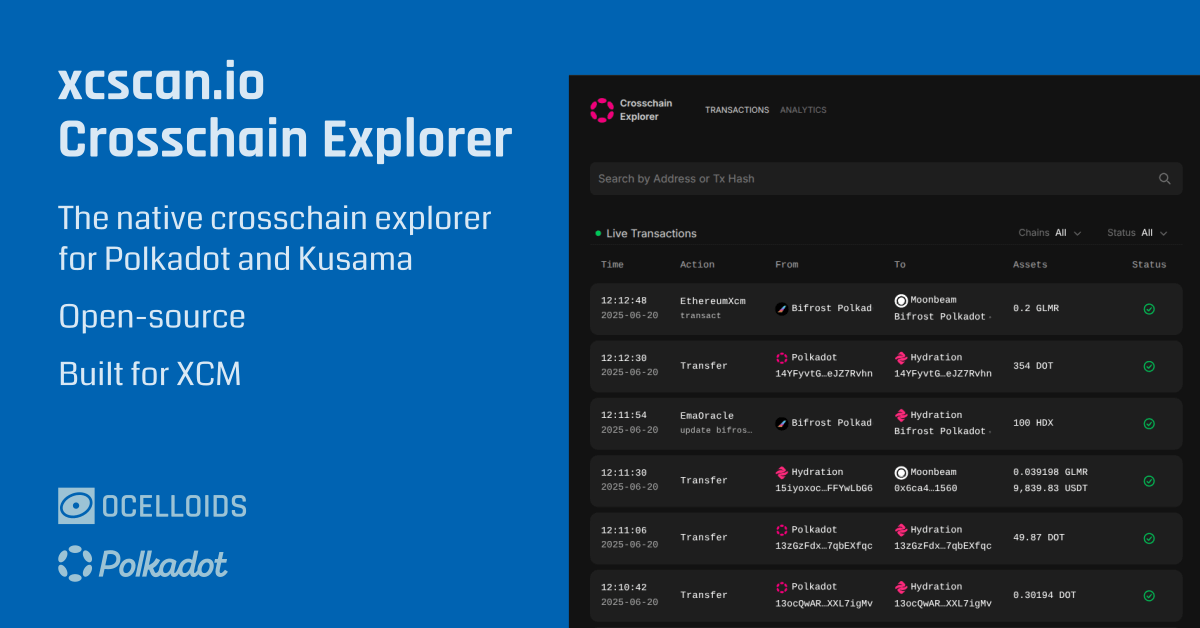 SO_DA_zone's tweet card. The native crosschain explorer for Polkadot and Kusama. Open-source. Built for XCM.