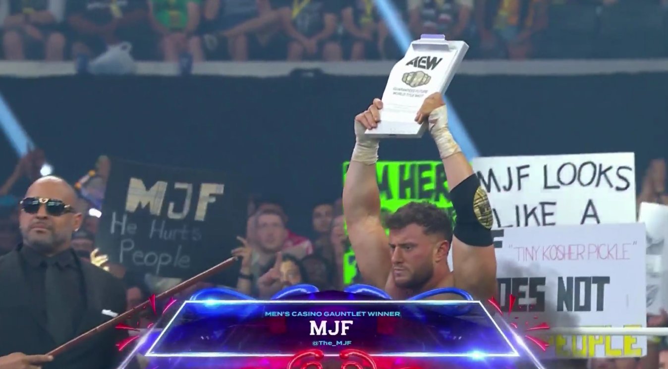 Ultimate_One1's tweet card. The idea of Goldberg coming to All Elite Wrestling to face MJF is addressed by MJF during a media appearance.