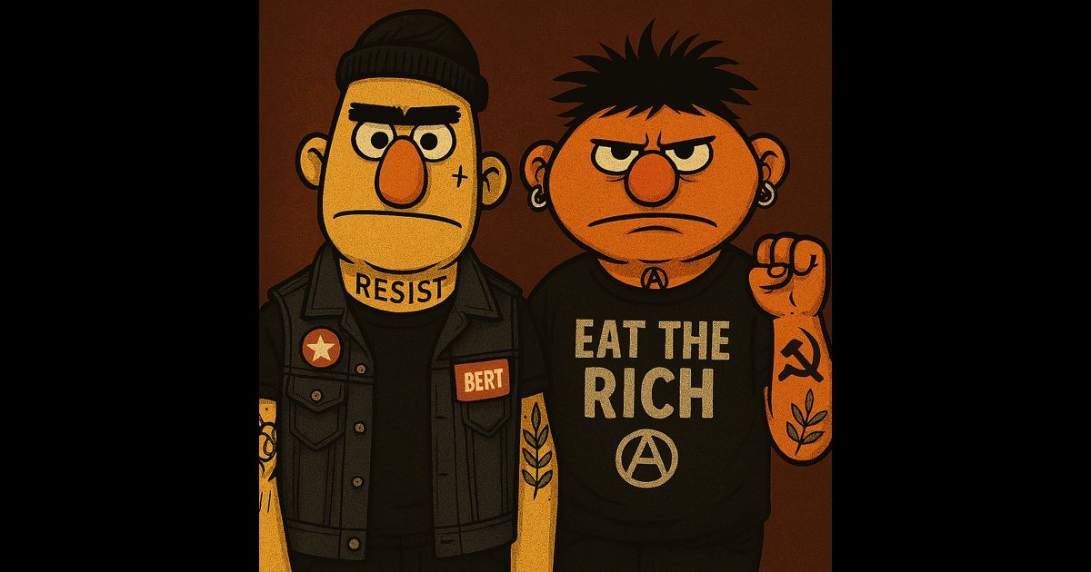 PaulDMauro's tweet card. Anarchist Bert and Ernie Reimagined