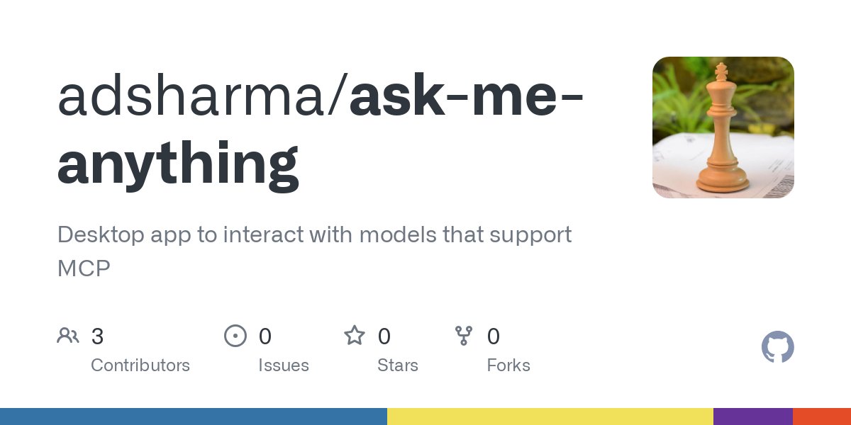 arundsharma's tweet card. Desktop app to interact with models that support MCP - adsharma/ask-me-anything