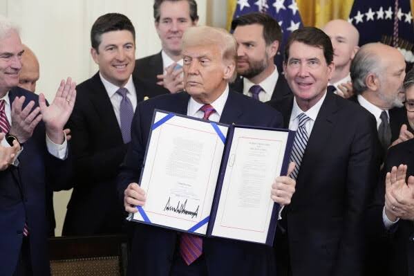 LeoMartinez4VA's tweet card. President Trump signed the GENIUS Act into law, heralding it as a milestone for U.S. crypto regulation. But despite the bipartisan applause and Wall Street
