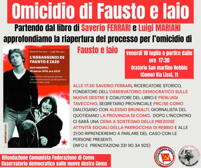PRC_Como's tweet card. Venerdì 18 luglio a partire dalle ore 17:30 presso il salone della Parrocchia di rebbio (Como via Alfonso Lissi, 11) Partendo dal libro di Saverio FERRARI, ricercatore storico e fondatore dell̵…