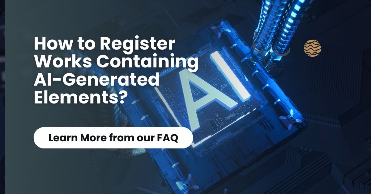 Unite4Copyright's tweet card. How to Register Works Containing AI-Generated Elements? Learn more on our website's FAQ webpage.