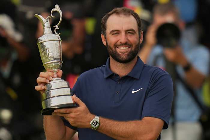 wslsScores's tweet card. Scottie Scheffler is the champion golfer of the year and one step closer to the career Grand Slam.