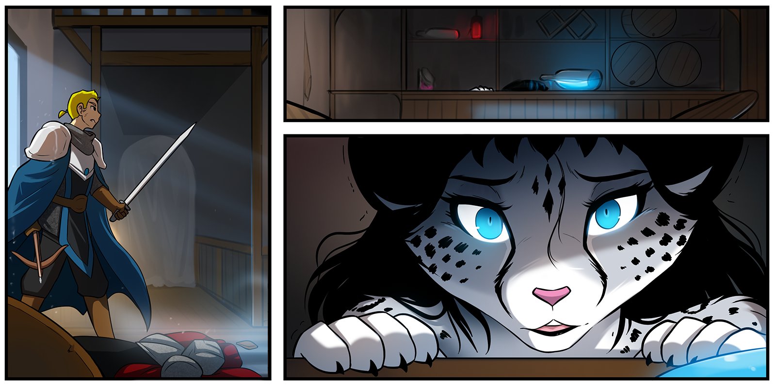 TwoKinds's tweet card. A webcomic about a clueless hero, a mischievous tigress, an angsty warrior, and a gender-confused wolf.