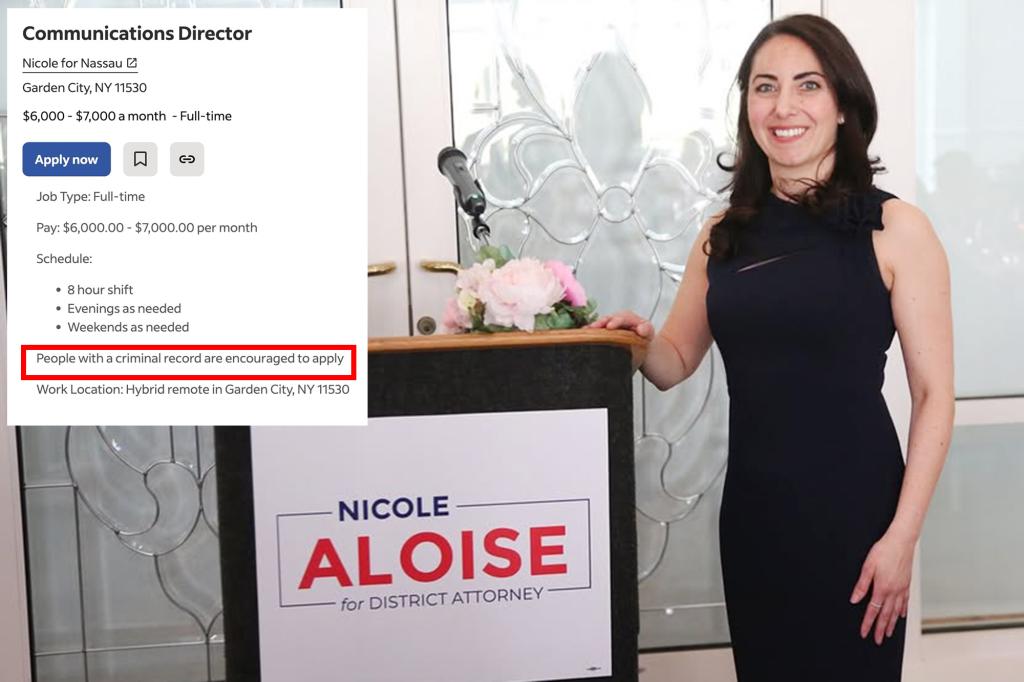 PaulDMauro's tweet card. Crime does pay, according to the Democrat running to become Nassau County's top prosecutor. District Attorney candidate Nicole Aloise is welcoming convicted criminals to apply for a top paid...