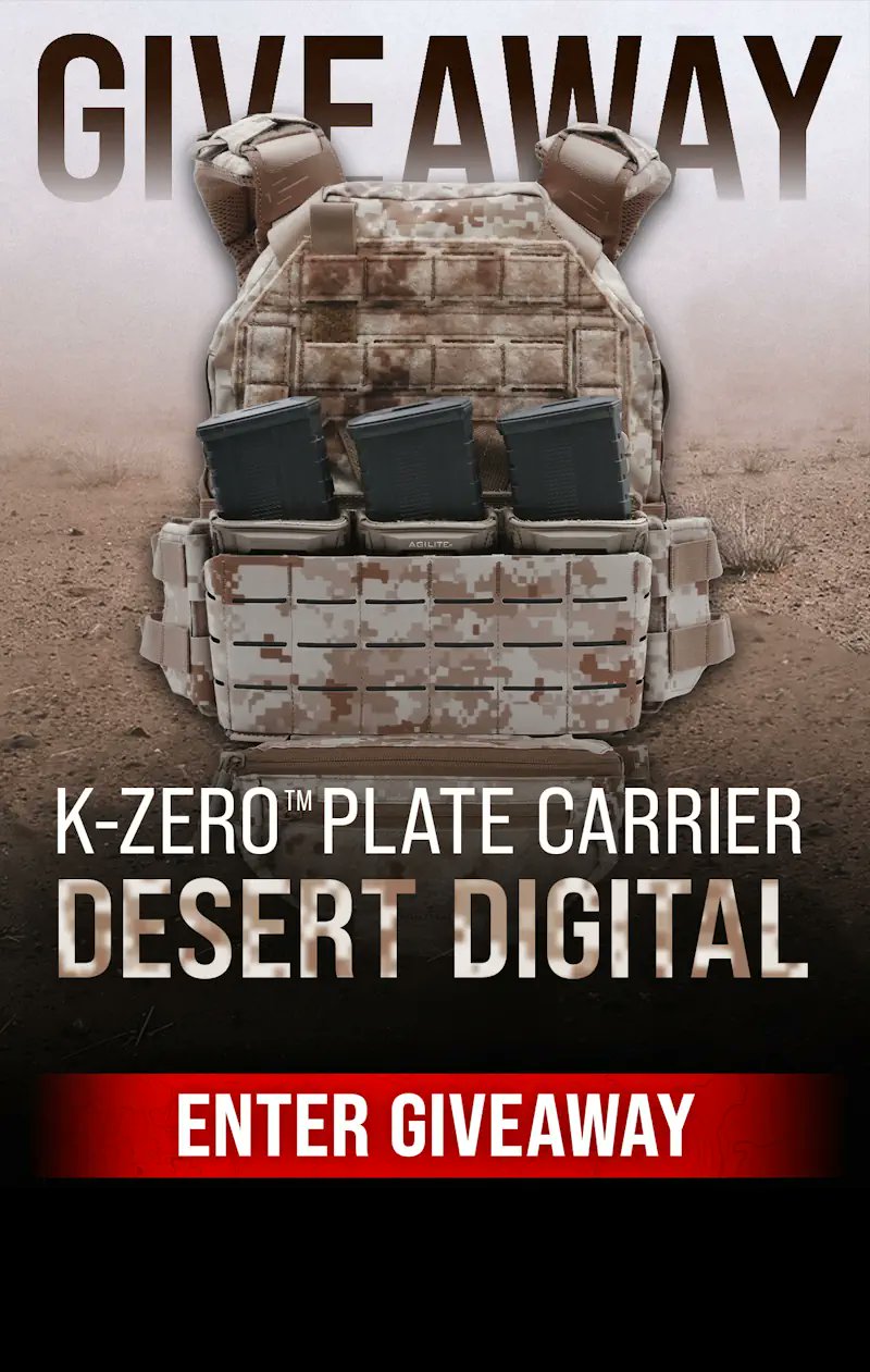 TacCowhand's tweet card. Win an Agilite K-Zero Plate Carrier in Desert Tiger Stripe