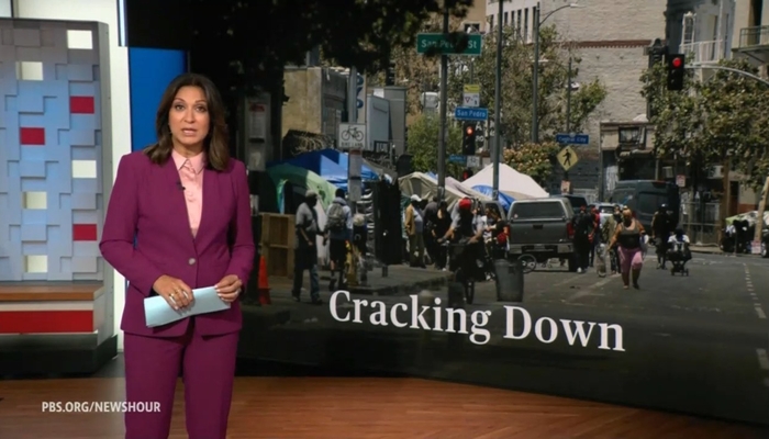 claywaters44's tweet card. Tuesday’s PBS News Hour show intro set the tone on an upcoming segment on California finally taking action to stop intrusive, unsightly, and potentially dangerous homeless encampments infesting his...