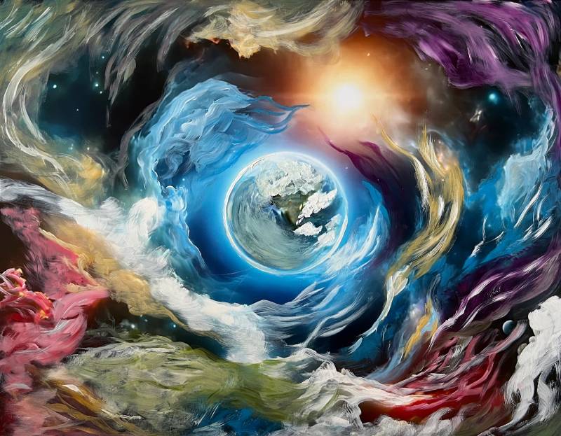 Farimo0's tweet card. A surreal vision of creation — where Earth floats at the center of elemental chaos. Cosmic Genesis reflects the balance between mystery, motion, and m...