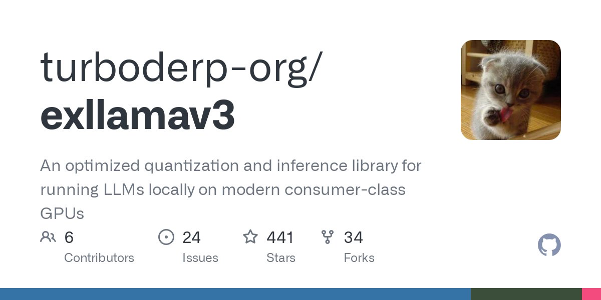 turboderp_'s tweet card. An optimized quantization and inference library for running LLMs locally on modern consumer-class GPUs - GitHub - turboderp-org/exllamav3: An optimized quantization and inference library for runni...
