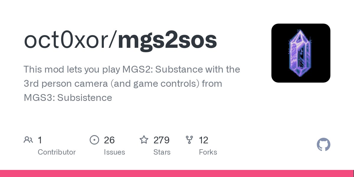 oct0xor's tweet card. This mod lets you play MGS2: Substance with the 3rd person camera (and game controls) from MGS3: Subsistence - oct0xor/mgs2sos