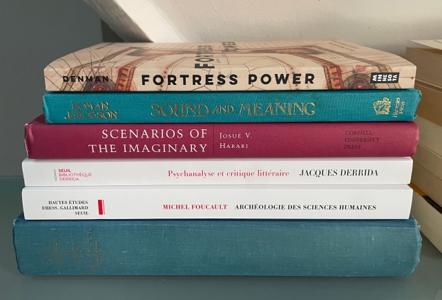 StuartElden's tweet card. Derek S. Denman, Fortress Power: Hostile Designs and the Politics of Spatial Control, second-hand copies of Roman Jakobson, Six Lectures on Sound and Meaning, Josué V. Harari, Scenarios of the Imag…